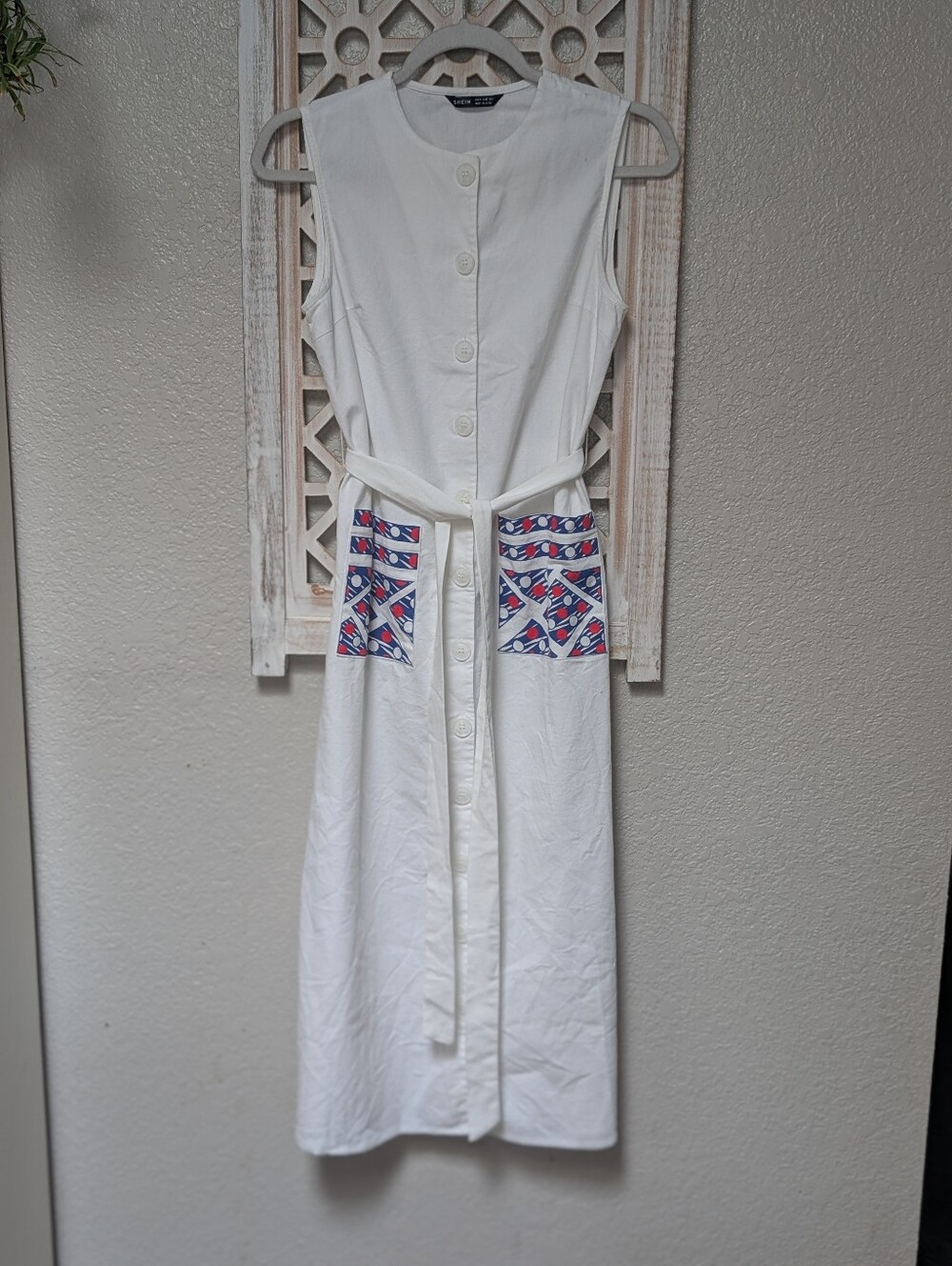 Shein women's medium midi button up dress white cotton nautical sailing beach